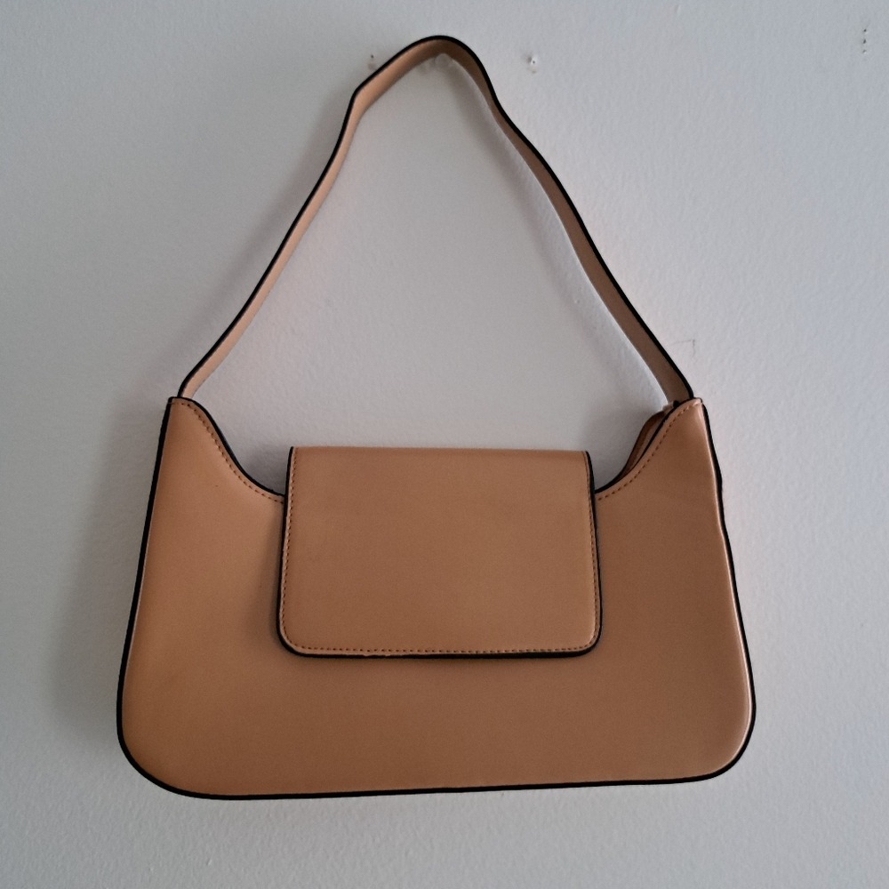 Tan Faux Leather‎ Baguette Shoulder Bag with Black Trim and Flap Closure